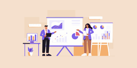 Business professionals presenting data and charts on whiteboards during a meeting