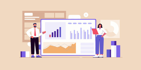 Business professionals analyzing financial data and charts on a large screen during a presentation