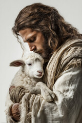 Realistic portrait of Jesus Christ gently holding a lamb