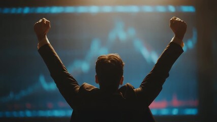 businessman raising hands in front of financial chart success concept stock market investment profit growth trading achievement business victory economy - Powered by Adobe