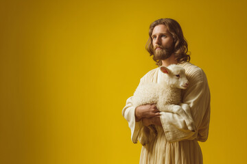 Realistic portrait of Jesus Christ gently holding a lamb