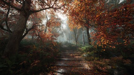 A tranquil forest path winds through vibrant autumn foliage, with trees casting shadows in the mist. The ground is covered in fallen leaves, adding a rich palette of colors.
