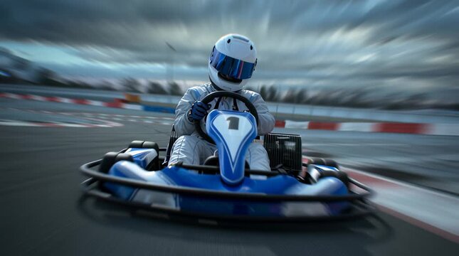 Dynamic go-kart racer speeding on track with motion blur