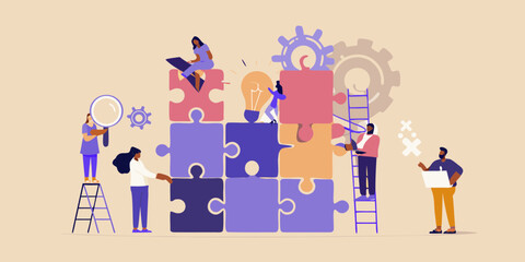 Diverse team collaborating to build a complex puzzle with a bright idea lightbulb symbolizing innovation