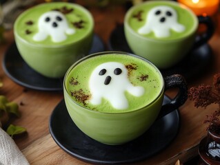 Trio of Spooky Ghost Latte Art in Green Mugs on a Wooden Table