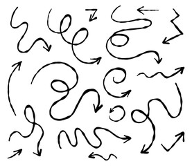 Set of hand drawn black and white arrows. Different linear pointers on white. Arrow vector doodle. Sketch arrows design for business plan and education. 