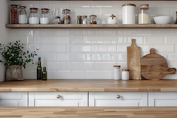 high quality picture of White and wood kitchen interior with countertops