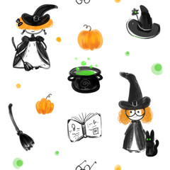 Cute Witches - seamless pattern for Halloween.