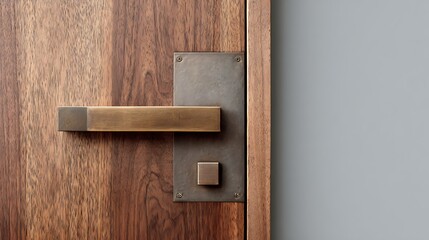 warm walnut door with metal threshold, bronze handle, offset pivot showing clean geometry.
