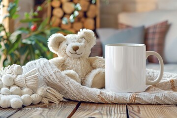 high quality picture of White mug mockup with teddy bear soft toy for kids design presentation