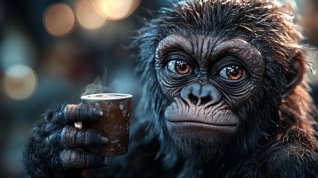 Cartoon gorill character with fluffy fur, holding steaming cup, displaying curious expression, set against dark background, evoking warmth and charm in whimsical illustration. cute animal with coffee.