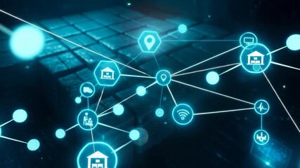 Digital supply chain and logistics network with connected nodes, data transmission, and industry icons - Powered by Adobe