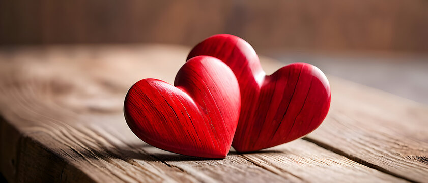 Two red wooden hearts leaning together on textured wood background, romantic and warm composition for love and wedding concepts.