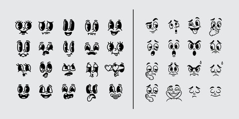 Cartoon face expressions set with cute emoji reactions, funny comic character emotions, animated eyes and mouth elements for stickers, memes, avatars, and vintage mascot design. 