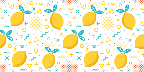 Seamless vector pattern with bright yellow lemons and green leaves on a white background, decorated with geometric shapes and dots. Fun and modern design for summer projects.