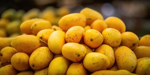 The vibrant pile of ripe mangoes at a bustling farmer's market.