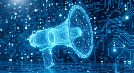 Digital hologram of a megaphone emitting blue light particles