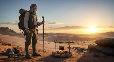 Nomad man with backpack and walking stick in desert at sunset.