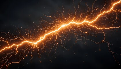 Powerful lightning bolt with sparks and electric energy trails, black background, advertising photo style.
