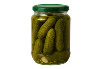 Glass jar filled with gherkins pickles and mustard seeds on transparent background