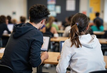 rear view of best mates in the classroom