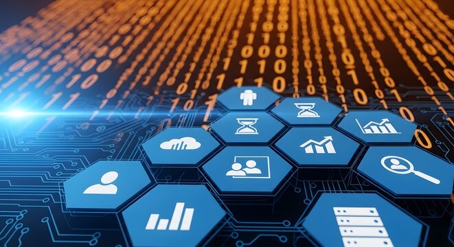 Hexagonal Icons with Binary Code Background technology