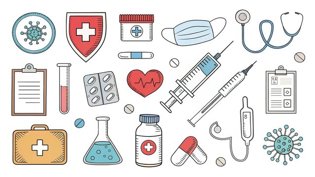 Mmedical doodle icons, outline clipart of health care items. White background.