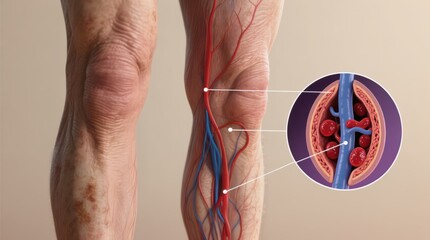 A legs with swollen varicose veins and inset showing vein damage and pooled blood, detailed view of spider veins and bulging veins