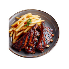 Delicious BBQ Pork Ribs with Crispy French Fries on a Rustic Plate