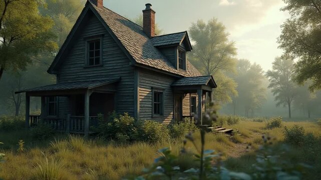 CGI Abandoned rustic house surrounded