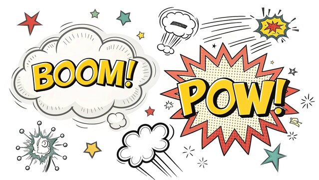 Hand-drawn comic book elements with sound effects, vector doodle style. White background.