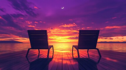 Calm summer evening sunset on the beach with a wooden pier and dramatic clouds over the ocean