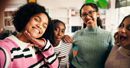 Selfie, students and friends or girls in classroom for social media post, study group and picture. Education, photography and high school memory with teenagers on campus for smile and support