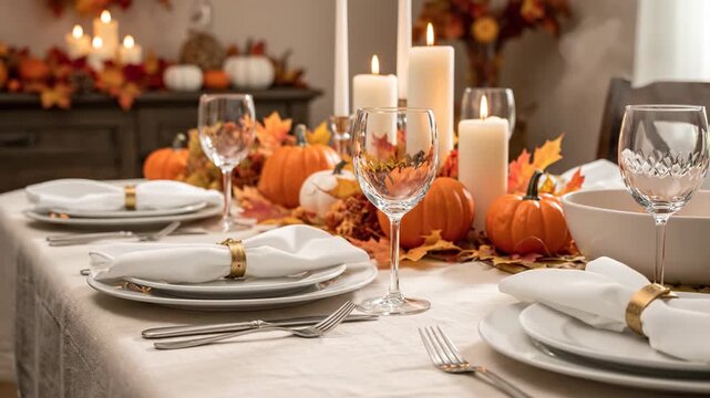 Elegant Thanksgiving dinner table setting with pumpkins and candles  