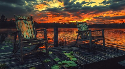 Fototapeta premium Sunset view of a tropical beach resort with ocean water, sand, wood furniture, and chairs for a relaxing summer vacation