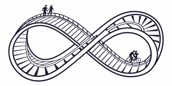 Couple holding hands on infinity loop roller coaster, cyclist enjoying ride