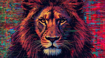 Vibrant Digital Art of a Lion with Colorful Glitch Effect Background, Generative AI