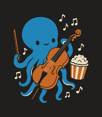 Cute Octopus Playing Cello & Popcorn – Music Lover Cartoon Graphic Tee © Artful tamanna