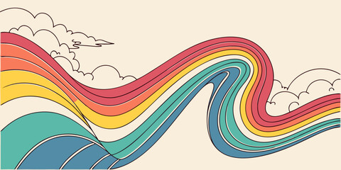Vibrant retro rainbow waves with whimsical clouds, a dynamic and joyful abstract design