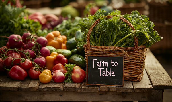 Farm to table food market community garden fresh produce outdoor setting vibrant colors sustainable eating concept