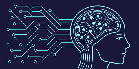 Modern AI concept shows digital brain connections and human profile for future technology