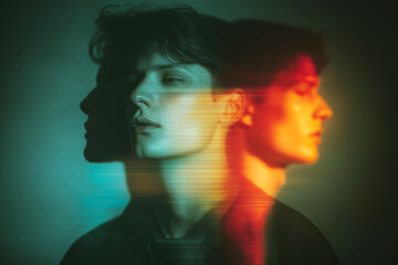 portrait of a sad depressed young male with depression and bipolar mental disorders. Psychosis and paranoia. Stress and schizophrenia. Blurry glitch effect