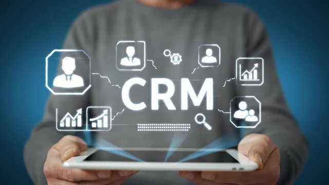 Person Holding Tablet Displaying CRM Data Network