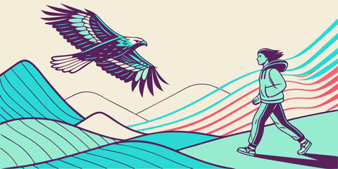 Dynamic hawk soars above determined individual walking through stylized landscape