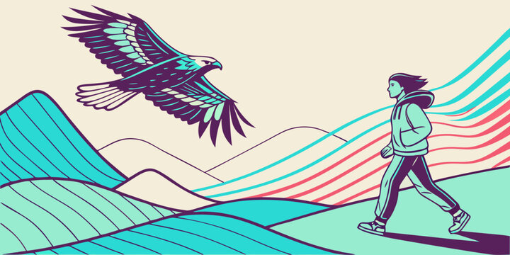 Dynamic hawk soars above determined individual walking through stylized landscape