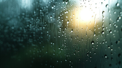 Raindrops gently resting on a glass window as soft sunlight filters through lush greenery outside, creating a peaceful balance between freshness, calmness, and the soothing beauty of nature after rain