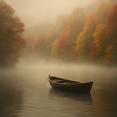 Foggy lake autumn landscape with rowboat serene nature scene tranquil water fall foliage scenic view peaceful