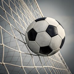 Naklejka premium Soccer ball stuck in the net after scoring a goal
