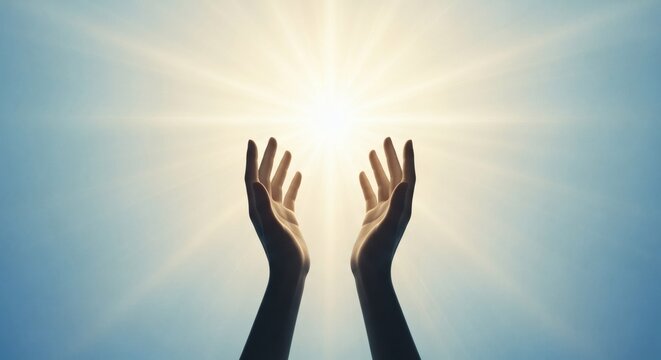 Hands reaching towards a brilliant, radiant light in a bright blue sky, symbolizing hope, spirituality, and divine connection for a brighter future