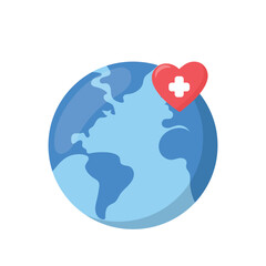 Stylized Earth illustration with red heart and white medical cross overlay. Flat vector design symbolizing global health, care, and compassion. Ideal for wellness, charity, or healthcare themes